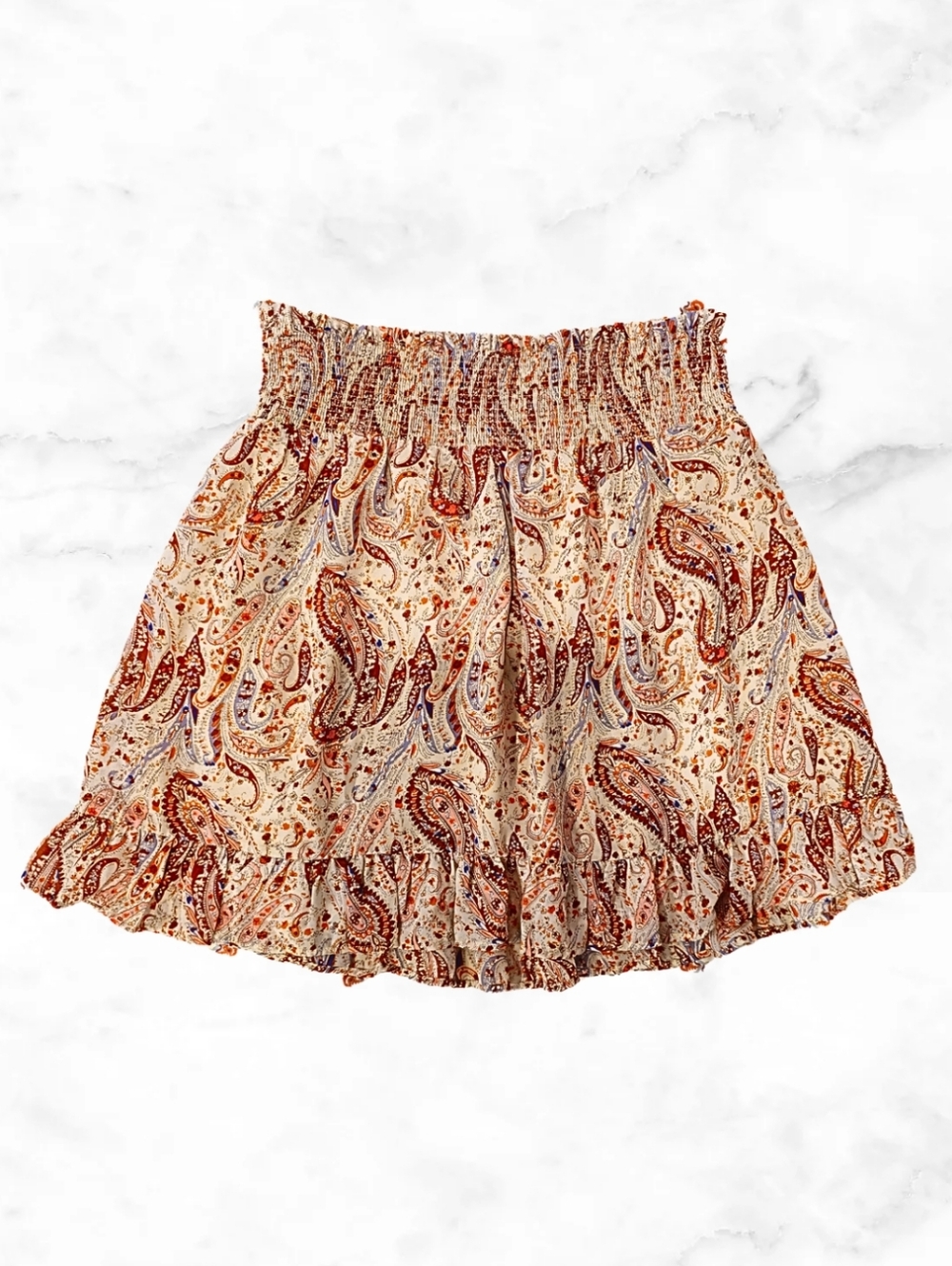 NWOT Smocked Waist Paisley Mini Skirt - Cream & Rust